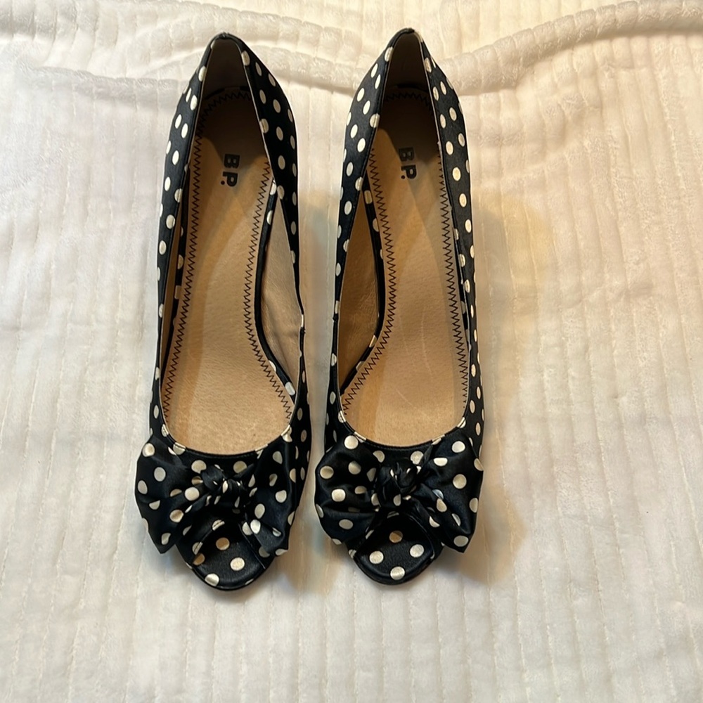 BP brand black/white peek toe heels